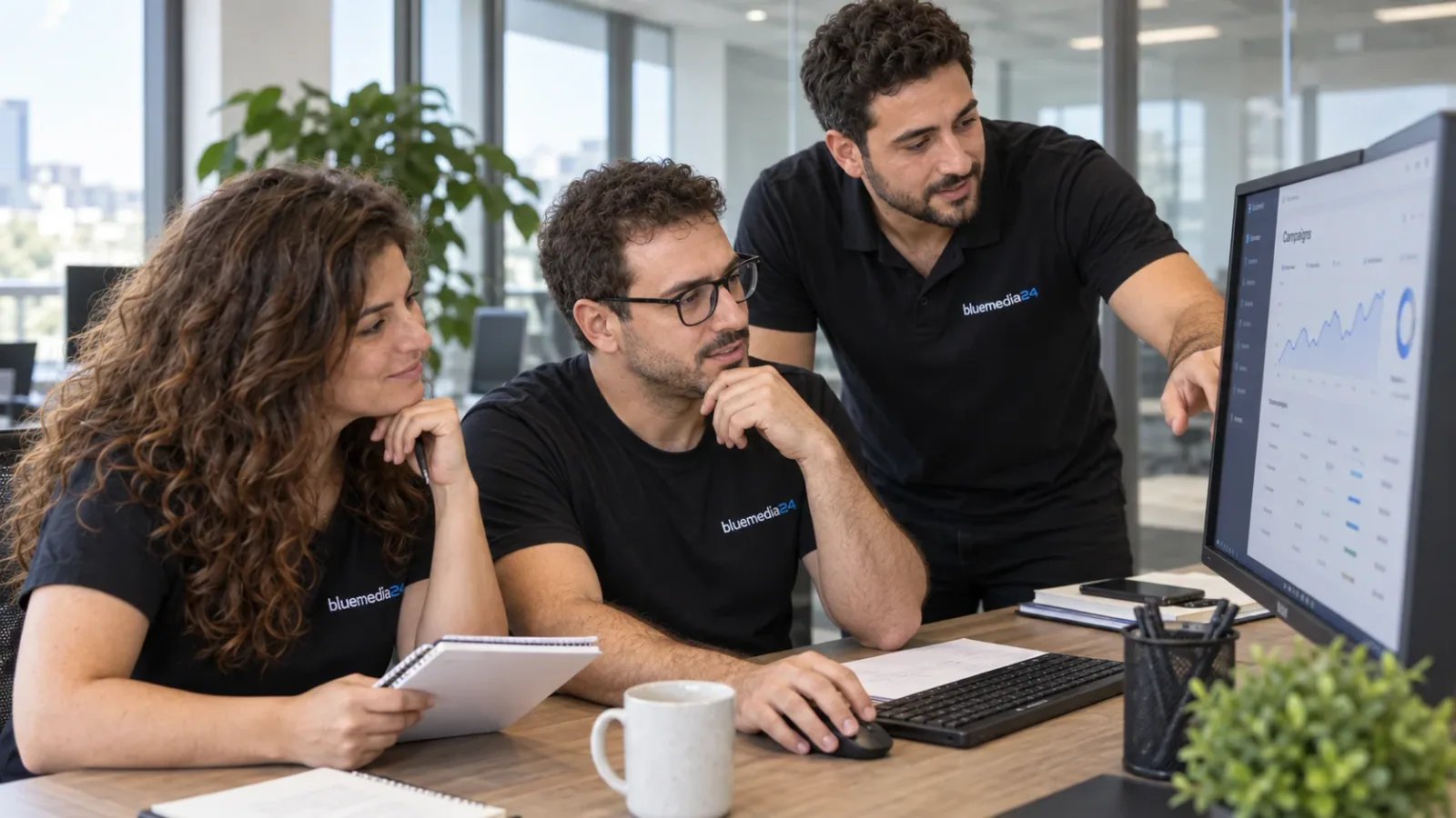 סצנה שנוצרה ב־AI: צוות Bluemedia24 בוחן יחד גרפי קמפיינים בעמדת עבודה במשרד.