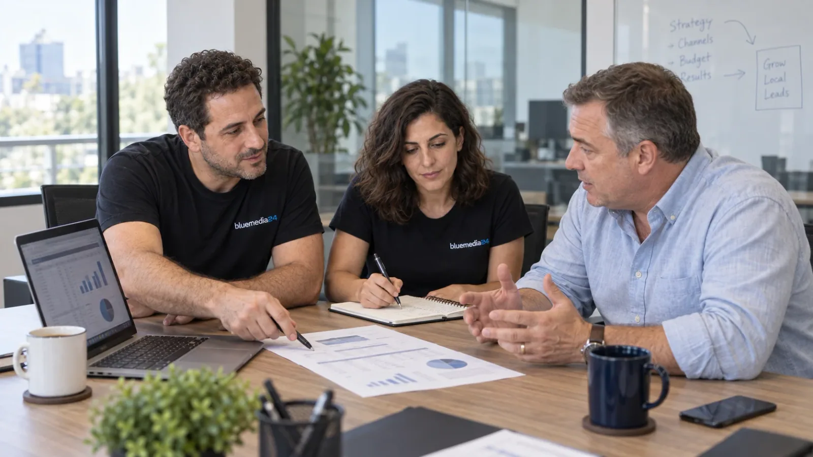 המחשת פגישת צוות Bluemedia24 עם לקוח בנושא תקציבי קמפיין