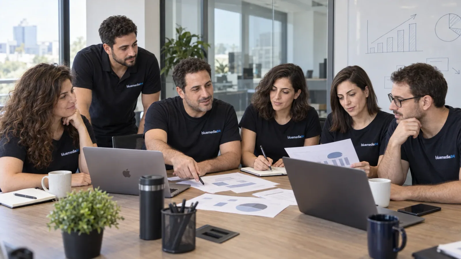 סצנה שנוצרה ב־AI: שש דמויות צוות של Bluemedia24 בחולצות ממותגות דנות בפרויקט סביב שולחן ישיבות.