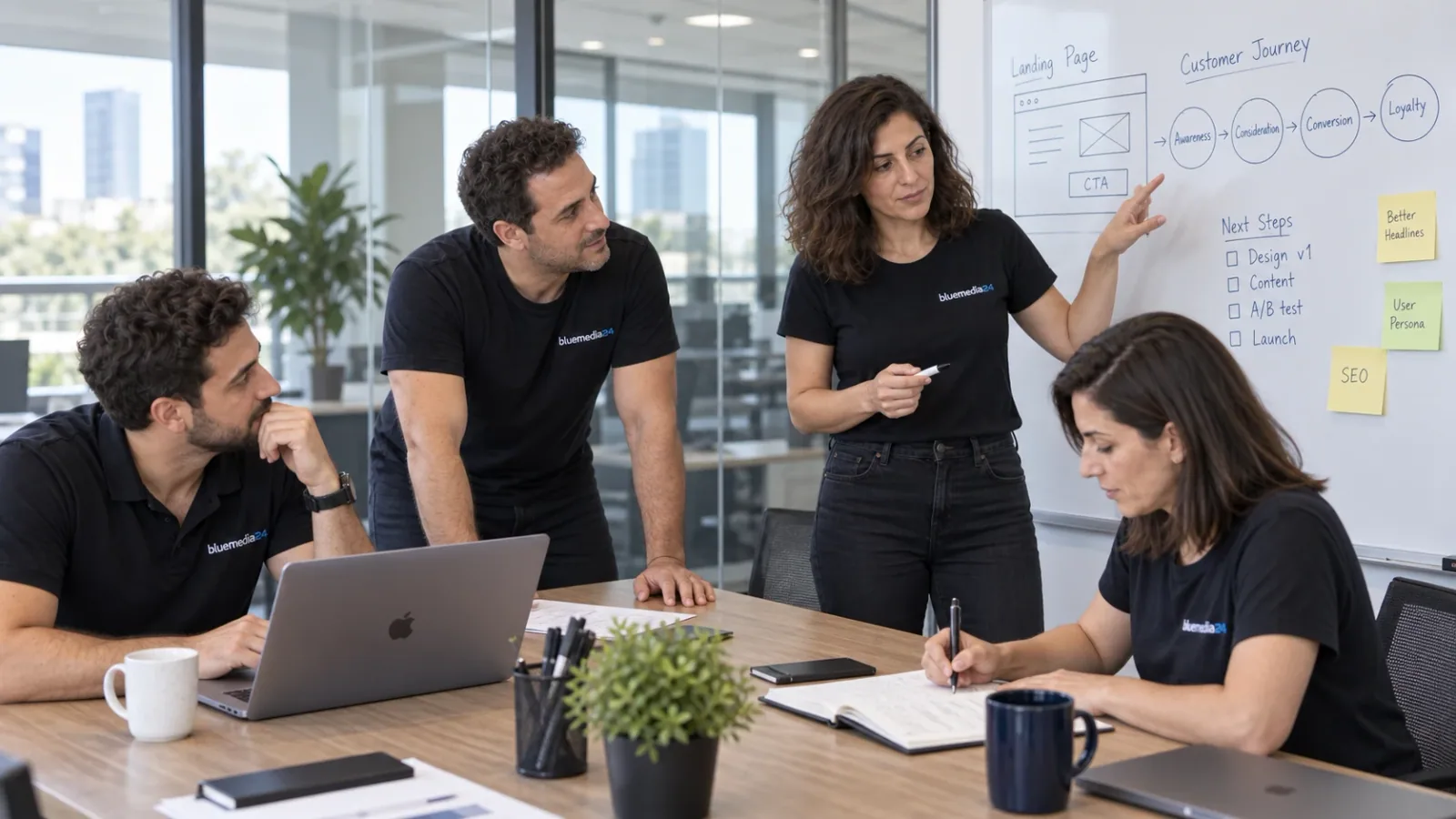 סצנה שנוצרה ב־AI: דמויות צוות של Bluemedia24 מתכננות יחד קמפיין מול לוח במשרד.